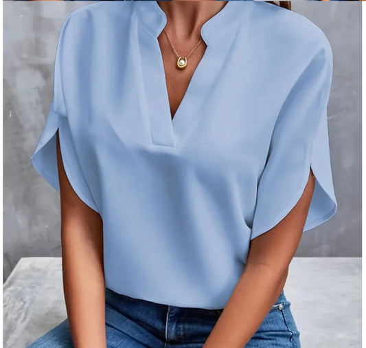 Summer Elegant Women's Blouse New V-neck Short Sleeve Solid Color Loose Shirt Casual White Tops Office Lady Blouses