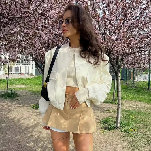 1PCS Woman Bomber Jacket Coat White Autumn Winter Button Baseball Aviator Cropped Jackets for Women Long Sleeve Crop Outerwear