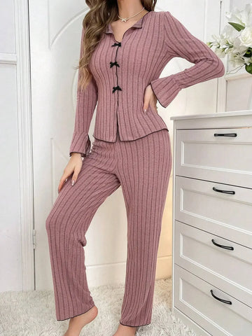 Autumn Winter Warm Pajamas Set for Woman Sleepwear Lapel Bow Fashion Sexy Long Sleeve Tops and Trousers Home Suit